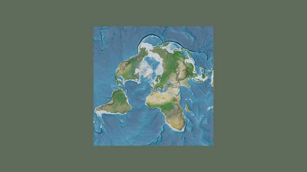 世界大比例尺地图的正方形框架 呈倾斜的范德格林登投影 以泽西领土为中心 卫星图像 — 图库照片