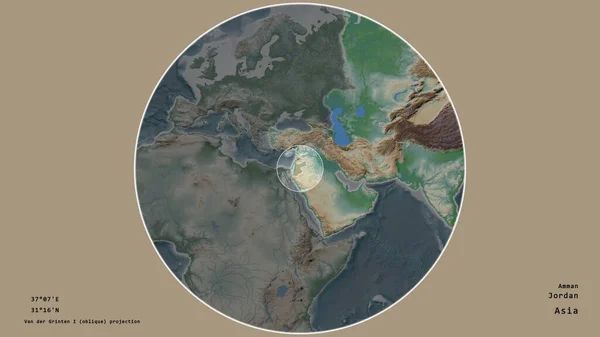 Oblast Jordánska Označená Kruhem Rozsáhlé Mapě Kontinentu Izolované Odumřelého Pozadí — Stock fotografie