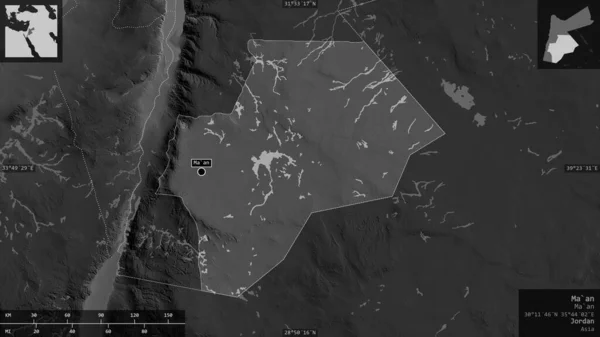 Provincia Jordania Mapa Escala Grises Con Lagos Ríos Forma Presentada — Foto de Stock