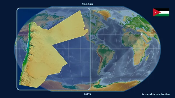 Zoomed-in view of Jordan outline with perspective lines against a global map in the Kavrayskiy projection. Shape on the left side. color physical map