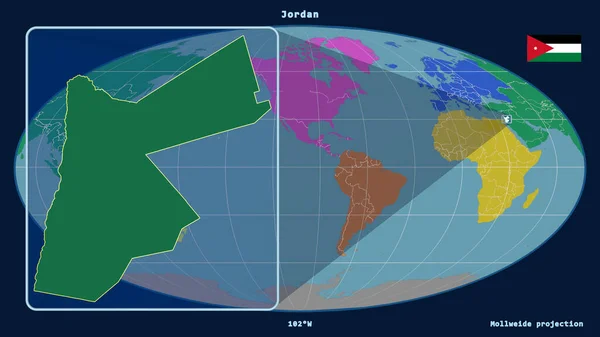 Zoomed-in view of Jordan outline with perspective lines against a global map in the Mollweide projection. Shape on the left side. color map of continents