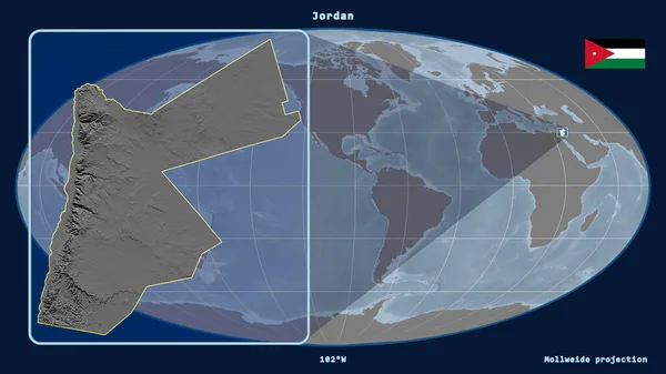 Увеличенный Вид Иордании Перспективными Линиями Против Глобальной Карты Проекции Моллвейда — стоковое фото