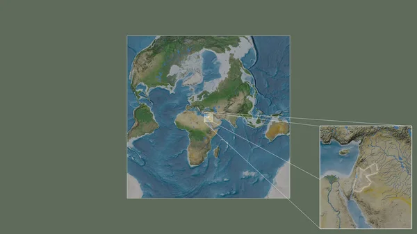 世界の大規模な地図から抽出されたヨルダンの拡大拡大された領域と フレームの隅を結ぶ主要な線 衛星画像 — ストック写真