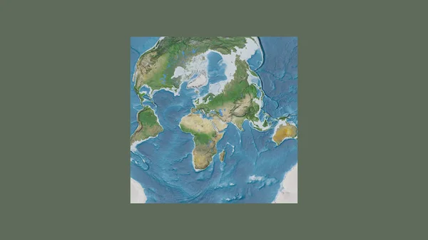 Square frame of the large-scale map of the world in an oblique Van der Grinten projection centered on the territory of Jordan. Satellite imagery