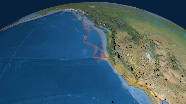 Juan Fuca Tektonische Platte Auf Dem Globus Umrissen Satellitenbilder Rendering — Stockfoto