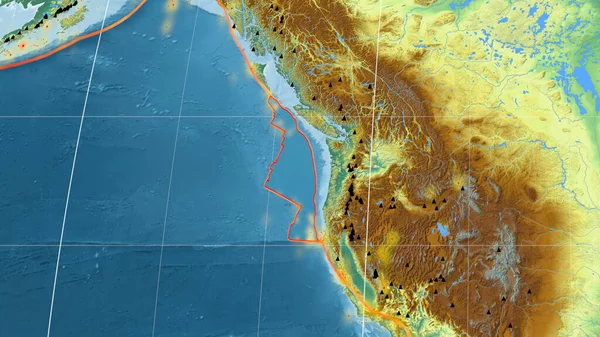 Placa Tectônica Juan Fuca Delineada Mapa Topográfico Global Relevo Projeção — Fotografia de Stock