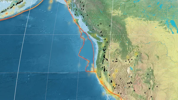 Juan Fuca Tectonic Plate Outlined Global Topographic Map Kavrayskiy Projection — Stock Photo, Image