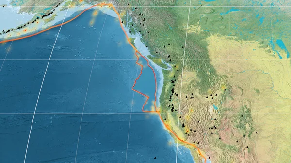 Juan Fuca Tectonic Plate Mollweide Projection 지형학 지도에 설명되어 렌더링 — 스톡 사진