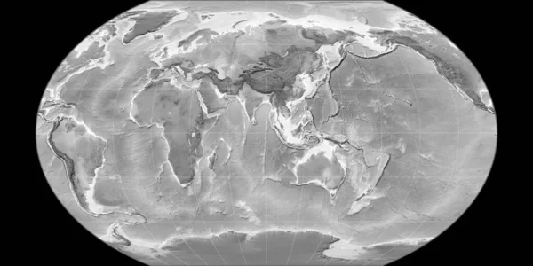 World Map Kavraisky Vii Projection Centered East Longitude Grayscale Elevation — Stock Photo, Image