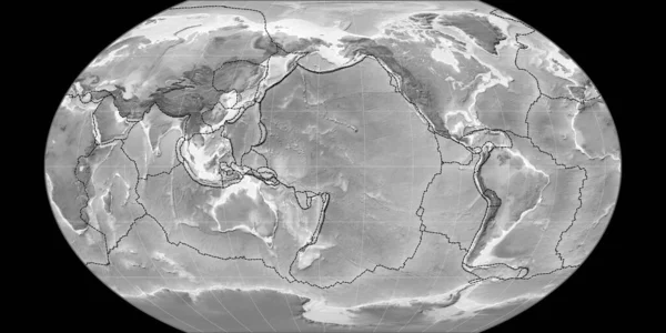 西の経度170を中心としたKavrasky Vii予測の世界地図 グレースケール標高マップ 粒状プレートと地殻プレートの境界とラスターの複合体 3Dイラスト — ストック写真