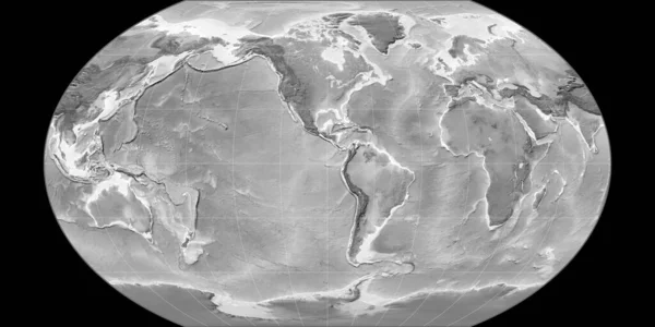 Wereldkaart Kavraisky Vii Projectie Gecentreerd West Lengtegraad Grayscale Hoogte Kaart — Stockfoto