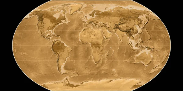 Kavraisky Vii投影中的世界地图以东经11度为中心 塞皮亚着色的高程图 光栅与满意的原始复合材料 3D插图 — 图库照片