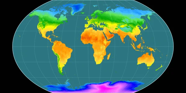 Kavraisky Vii投影中的世界地图以东经11度为中心 平均年温度图 具有满意性能的栅格原料复合材料 3D插图 — 图库照片