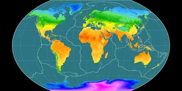 Kavraisky Vii投影中的世界地图以东经11度为中心 年平均温度图 具有满意和构造板块边界的栅格组合 3D插图 — 图库照片