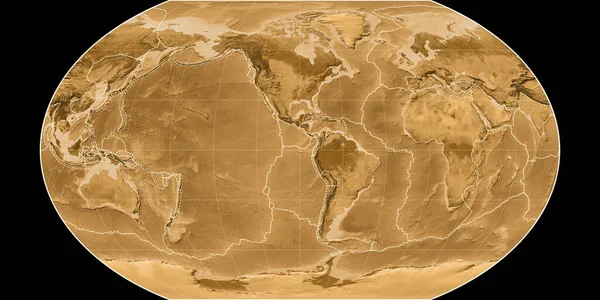 Světová Mapa Projekci Kavraisky Vii Soustřeďuje Západní Délky Sepia Barevná — Stock fotografie