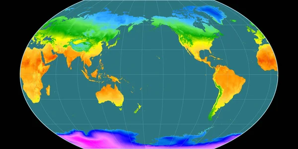 Kavraisky七世投影中的世界地图以西经170度为中心 平均年温度图 具有满意性能的栅格原料复合材料 3D插图 — 图库照片