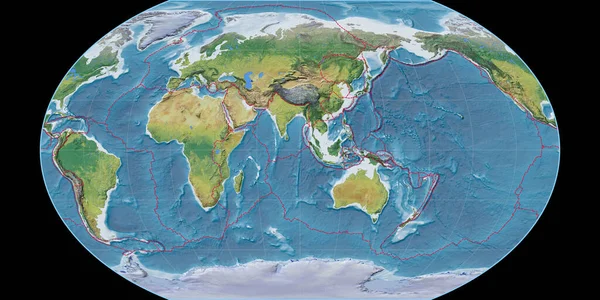 東経90度を中心としたカブラスキー7世投影の世界地図 主な写真地形の特徴 格子プレートと地殻プレートの境界とラスターの複合体 3Dイラスト — ストック写真