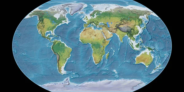 World map in the Kavraisky VII projection centered on 11 East longitude. Main physiographic landscape features - raw composite of raster with graticule. 3D illustration