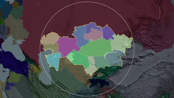 Kazakhstan zoomed and circled. Colored and bumped map of the administrative division. 3D rendering