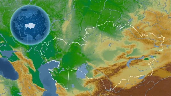 哈萨克斯坦 与缩放地图及其轮廓相对照的国家形状的球体 彩色物理图 — 图库照片