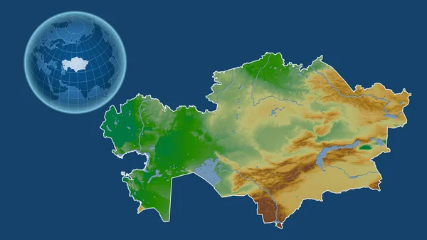 カザフスタン 青い背景に孤立した輪郭を持つ拡大地図に対して 国の形をした球体 色物理図 — ストック写真