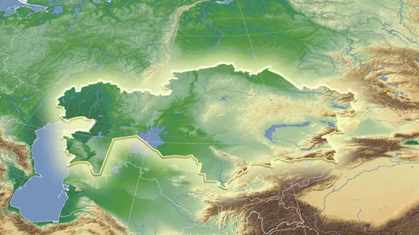 Kazahsztán Környéke Távoli Ferde Perspektíva Forma Ragyogott Színes Fizikai Térkép — Stock Fotó