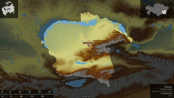 Almaty Regionen Kazakstan Färgad Lättnad Med Sjöar Och Floder Form — Stockfoto