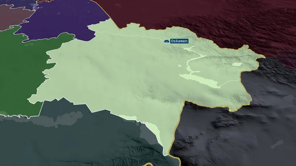 East Kazakhstan - region of Kazakhstan zoomed and highlighted with capital. Colored and bumped map of the administrative division. 3D rendering