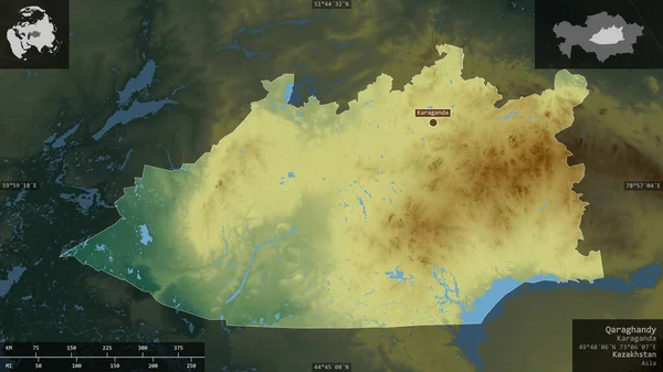 Qaraghandy Regionen Kazakstan Färgad Lättnad Med Sjöar Och Floder Form — Stockfoto