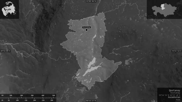 Qostanay, region of Kazakhstan. Grayscaled map with lakes and rivers. Shape presented against its country area with informative overlays. 3D rendering