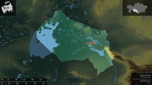 Qyzylorda Regionen Kazakstan Färgad Lättnad Med Sjöar Och Floder Form — Stockfoto