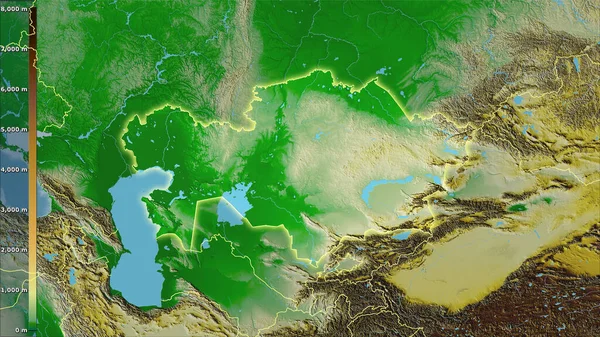 Physical map within the Kazakhstan area in the stereographic projection with legend - raw composition of raster layers with light glowing outline