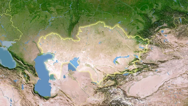 Kazakhstan area on the satellite C map in the stereographic projection - raw composition of raster layers with light glowing outline