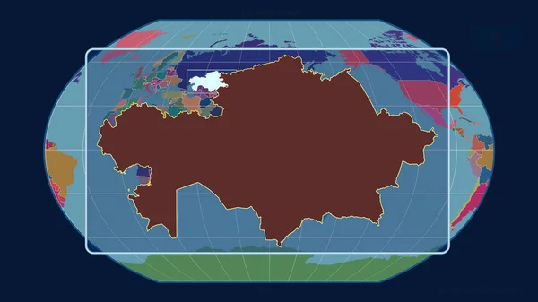 以透视线与Kavrayskiy投影中的全球地图对齐的哈萨克斯坦轮廓缩放 形体中心 行政区划的彩色地图 — 图库照片