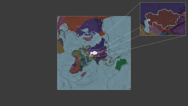 从世界大比例尺地图中提取出的哈萨克斯坦扩大和扩大的地区 其主要线连接了框架的各个角落 行政区划的彩色地图 — 图库照片