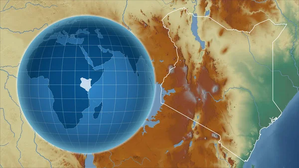 ケニア アウトラインを持つ拡大地図に対して国の形を持つグローブ 地形図によると — ストック写真