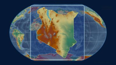 Kenya 'nın, Kavrayskiy projeksiyonundaki küresel haritaya karşı perspektif çizgileriyle yakınlaştırılmış görüntüsü. Şekil merkezli. topografik yardım haritası