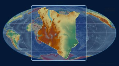 Kenya 'nın Mollweide projeksiyonundaki küresel haritaya karşı perspektif çizgileriyle yakınlaştırılmış görüntüsü. Şekil merkezli. topografik yardım haritası