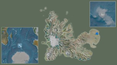 Kerguelen Adaları 'na ve bölgedeki konumuna ve geniş çaplı bir dünya haritasının merkezine yakın. Uydu görüntüleri