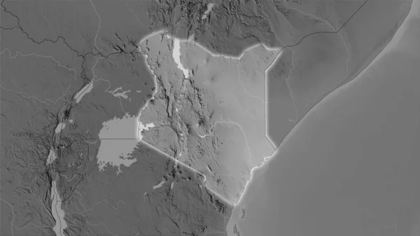 立体投影灰度高程地图上的肯尼亚地区 具有发光轮廓的栅格层的原始组成 — 图库照片