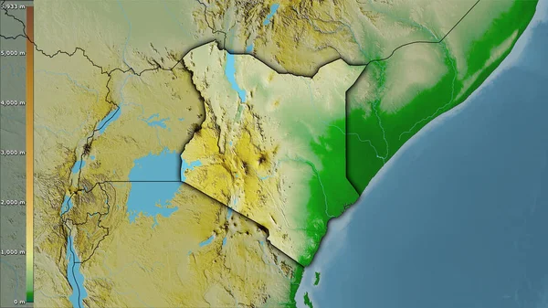 伝説との立体投影のケニアエリア内の物理的な地図 暗い輝く輪郭を持つラスター層の生の組成 — ストック写真