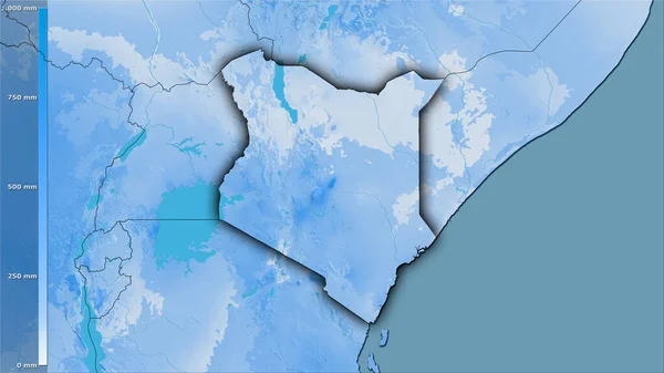 伝説との立体投影でケニアエリア内で最も暖かい四半期の降水量 暗い輝きの輪郭を持つラスター層の生の組成 — ストック写真