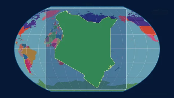 以透视线与Kavrayskiy投影中的全球地图对齐的肯尼亚缩放视图 形体中心 行政区划的彩色地图 — 图库照片