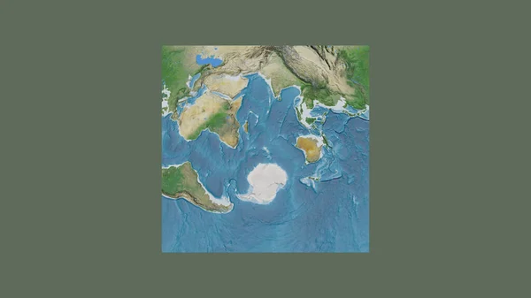 世界大比例尺地图的正方形框架 呈倾斜的范德格林登投影 以凯尔盖朗群岛领土为中心 卫星图像 — 图库照片