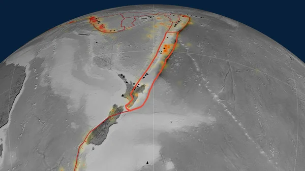 Kermadec Tektonische Platte Auf Dem Globus Umrissen Graustufen Höhenkarte Rendering — Stockfoto