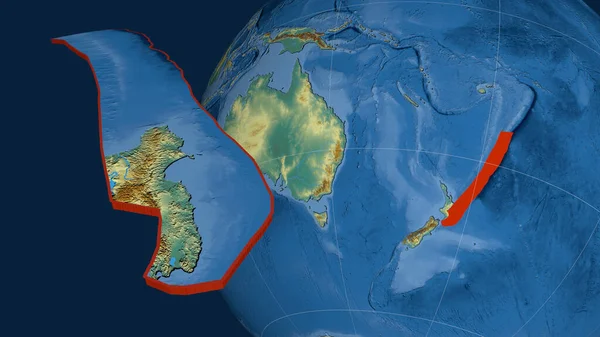 Kermadec tectonic plate extruded and presented against the globe. topographic relief map. 3D rendering