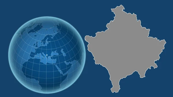 Kosowo Globus Kształcie Kraju Powiększonej Mapie Odizolowanym Zarysem Niebieskim Tle — Zdjęcie stockowe