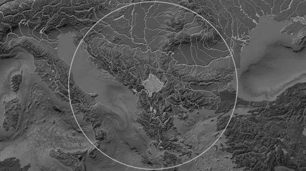 Poszerzony Obszar Kosowa Otoczony Okręgiem Tle Sąsiedztwa Dwupoziomowa Mapa Wysokości — Zdjęcie stockowe
