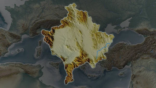 Área Kosovo Agrandó Brilló Sobre Oscuro Fondo Sus Alrededores Mapa — Foto de Stock