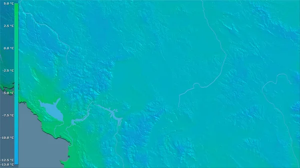 伝説のある立体投影のコソボ地域内で最も寒い月の最低気温 ラスター層の生の組成 — ストック写真